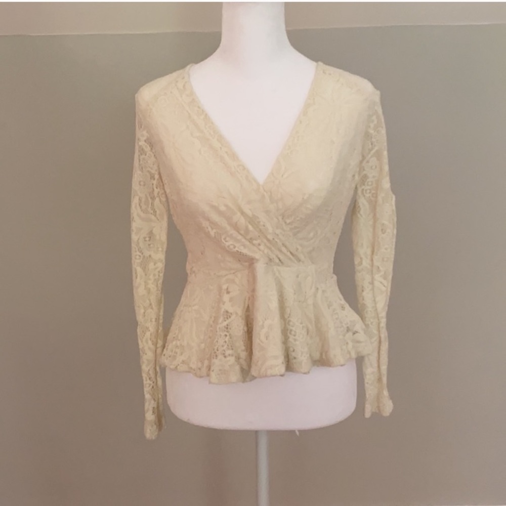 Bebe Long Sleeved Lace Peplum V neck Cream Blouse